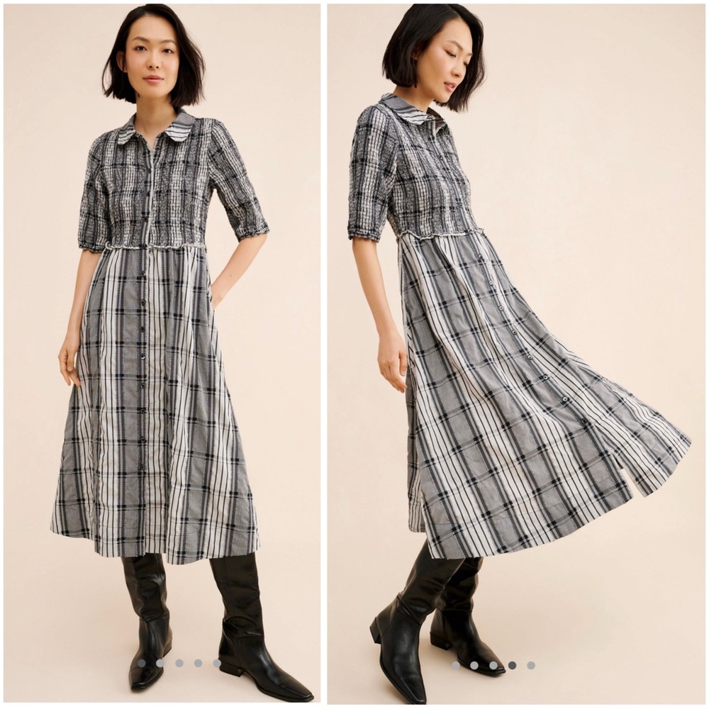 Anthropologie Black and White Plaid Midi Dress